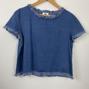 Vicky and Lucas Denim Frayed Trim Short Sleeve Top Women's Size L G Blue